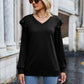 Ruffled Heathered V-Neck Long Sleeve T-Shirt