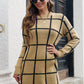 Plaid Round Neck Long Sleeve Sweater Dress