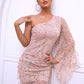 Sequin One Shoulder Spliced Mesh Sleeve Dress