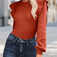 Ribbed Ruffled Round Neck Long Sleeve Knit-Top