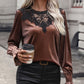 Lace Detail Round Neck Smocked Flounce Sleeve Blouse