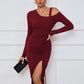 Ribbed Ruched Drawstring Wrap Dress