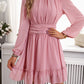 Frill Ruched Mock Neck Balloon Sleeve Dress