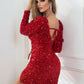 Sequin Sweetheart Neck Tie Back Long Sleeve Slit Dress