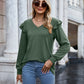 Ruffled Heathered V-Neck Long Sleeve T-Shirt