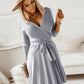 Surplice Neck Tie Front Pleated Sweater Dress