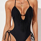 Fringe Trim Tied Halter Neck Backless One-Piece Swimsuit