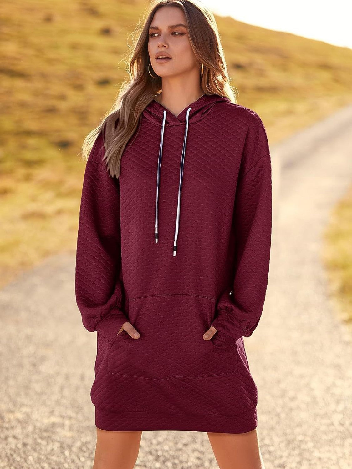 Textured Drawstring Tunic Hoodie