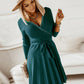 Surplice Neck Tie Front Pleated Sweater Dress