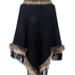 Faux Fur Trim Fringed Poncho