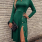 Slit Buttoned Round Neck Long Sleeve Dress