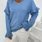 Ruffled V-Neck Dropped Shoulder Sweater