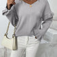 Ruffled V-Neck Dropped Shoulder Sweater