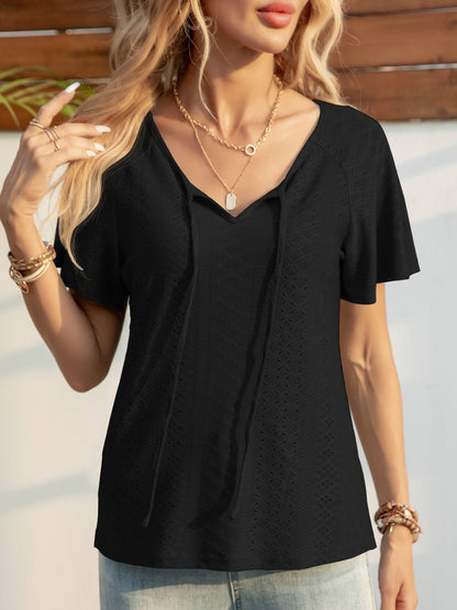 Eyelet Tie Neck Short Sleeve T-Shirt