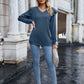 Ruffled Heathered V-Neck Long Sleeve T-Shirt