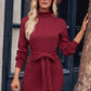 Turtle Neck Long Sleeve Tie Belt Mini Dress