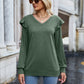 Ruffled Heathered V-Neck Long Sleeve T-Shirt