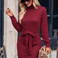 Turtle Neck Long Sleeve Tie Belt Mini Dress