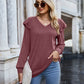 Ruffled Heathered V-Neck Long Sleeve T-Shirt