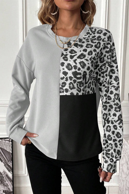 Leopard Color Block Round Neck T-Shirt