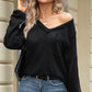 Waffle-Knit Pocketed V-Neck Blouse