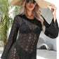 Openwork Scalloped Trim Long Sleeve Cover-Up Dress