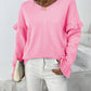 Ruffled V-Neck Dropped Shoulder Sweater