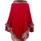 Faux Fur Trim Fringed Poncho