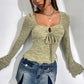 Cutout Drawstring Heathered Long Sleeve T-Shirt