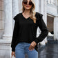 Ruffled Heathered V-Neck Long Sleeve T-Shirt