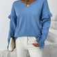 Ruffled V-Neck Dropped Shoulder Sweater