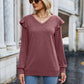 Ruffled Heathered V-Neck Long Sleeve T-Shirt