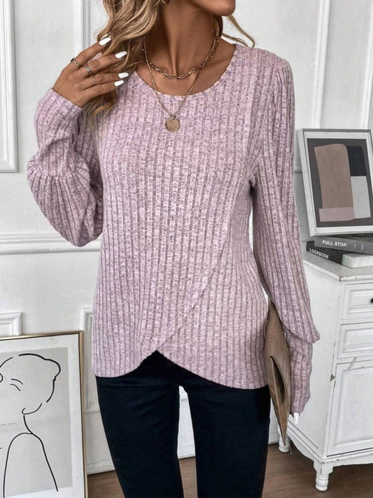 Ribbed Round Neck Long Sleeve Knit Top