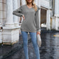 Ruffled Heathered V-Neck Long Sleeve T-Shirt