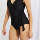 Marina West Swim Full Size Float On Ruffle Faux Wrap One-Piece in Black