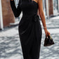 One-Shoulder Pleated Detail Belted Dress