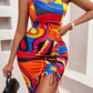 Printed Drawstring Spaghetti Strap Bodycon Dress