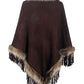 Faux Fur Trim Fringed Poncho