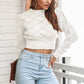 Openwork Plaid Round Neck Cropped Sweater